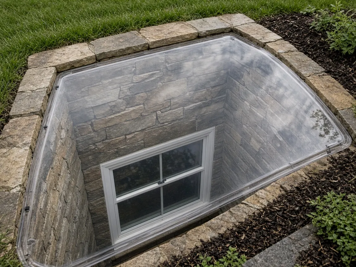 Stone egress window well with clear safety cover